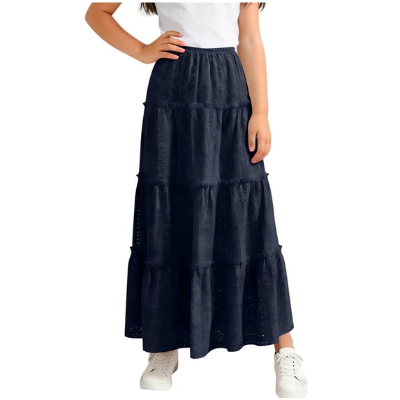 Miluxas Girl Summer Boho Maxi Skirt Eyelet Elastic Waist String Casual Beach Vacation Long Skirts Navy 8-9 Years