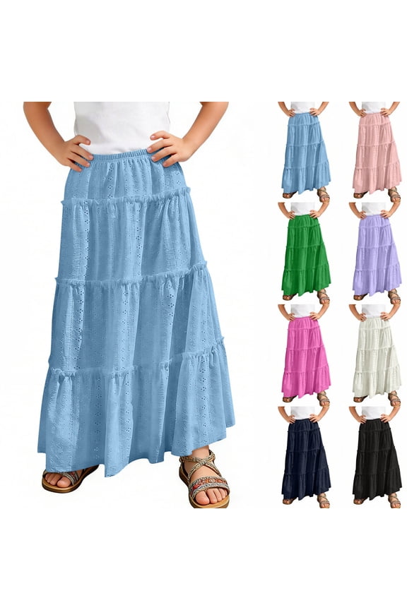 Girl Summer Boho Maxi Skirt Eyelet Elastic Waist String Casual Beach Vacation Long Skirts Purple 14-15 Years