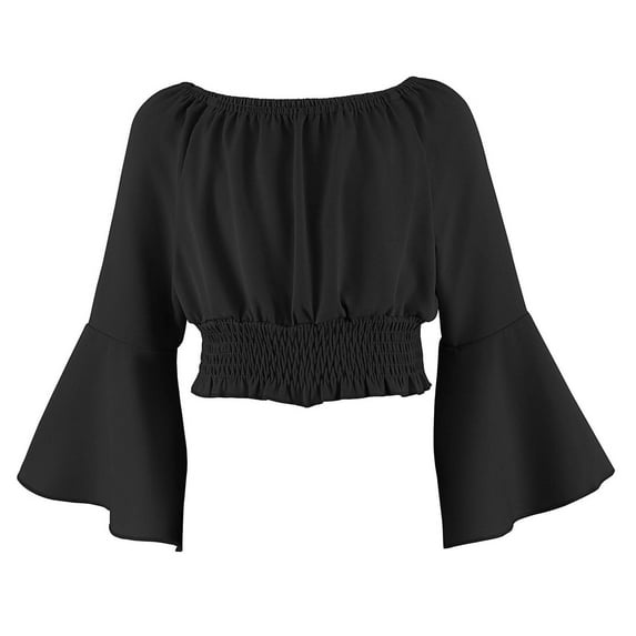 Miluxas Girl off Shoulder Ruched Tie Back Crop Top Summer Lantern Sleeve Boho Shirt Blouse Black 11 Years