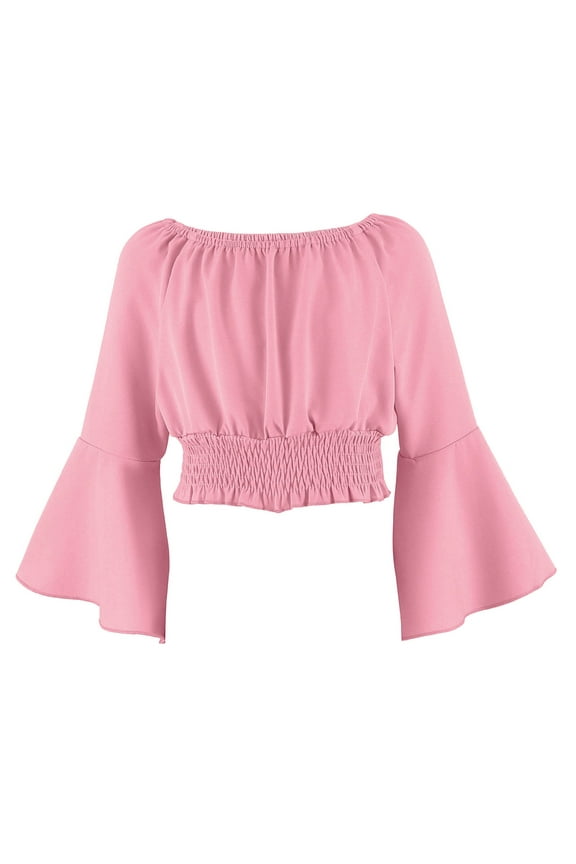 Girl off Shoulder Ruched Tie Back Crop Top Summer Lantern Sleeve Boho Shirt Blouse Pink 11 Years