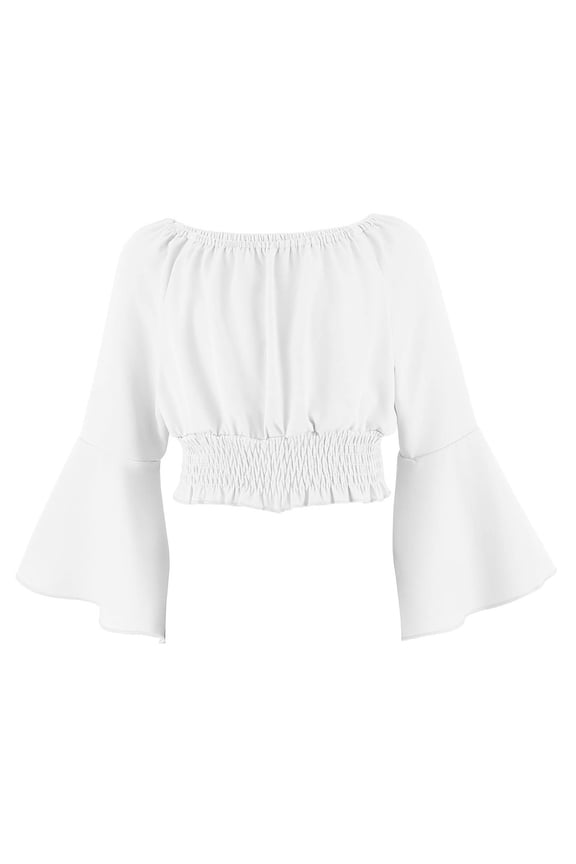Girl off Shoulder Ruched Tie Back Crop Top Summer Lantern Sleeve Boho Shirt Blouse White 12 Years