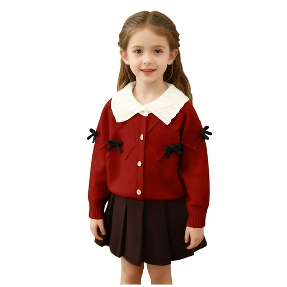 Miluxas Girl's 2 Piece Cute Knit Outfits Bow Button Down Cardigan Pleated Knit Skirt Sets Red 2-3 Years