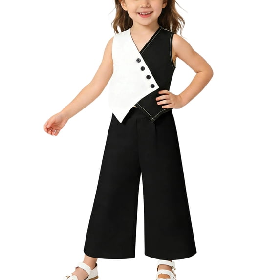 Miluxas Girl's 2 Piece Outfit Irregular Sleeveless V Neck Blazer Vest and Wide Leg Pants Set Black 6-7 Years