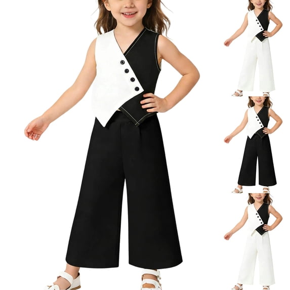 Miluxas Girl's 2 Piece Outfit Irregular Sleeveless V Neck Blazer Vest and Wide Leg Pants Set White 2-3 Years