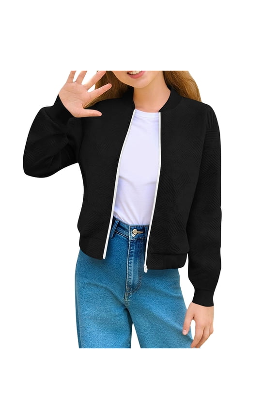 Girl's Casual Coat Bomber Jackets for Kid Trendy Stand Collar Zip Up Lightweight Outwear Fall Short Jacket Black 13 Years