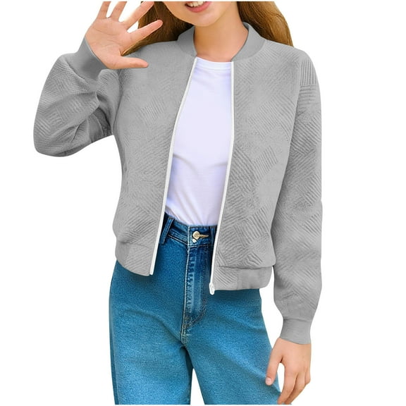 Miluxas Girl's Casual Coat Bomber Jackets for Kid Trendy Stand Collar Zip Up Lightweight Outwear Fall Short Jacket Gray 13 Years