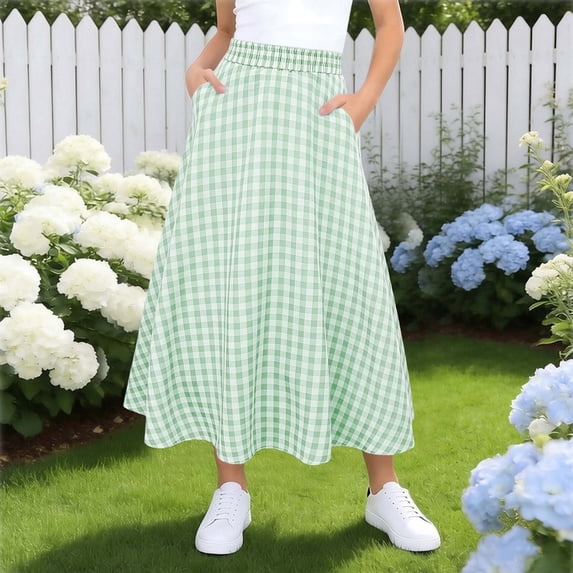 Miluxas Girl's Casual Elastic Waist Plaid Skirt Gingham Swing Pleated Midi Long Skirt with Pockets Green 14-15 Years