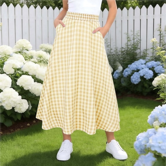 Miluxas Girl's Casual Elastic Waist Plaid Skirt Gingham Swing Pleated Midi Long Skirt with Pockets Khaki 7-8 Years