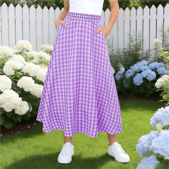 Miluxas Girl's Casual Elastic Waist Plaid Skirt Gingham Swing Pleated Midi Long Skirt with Pockets Purple 12-13 Years