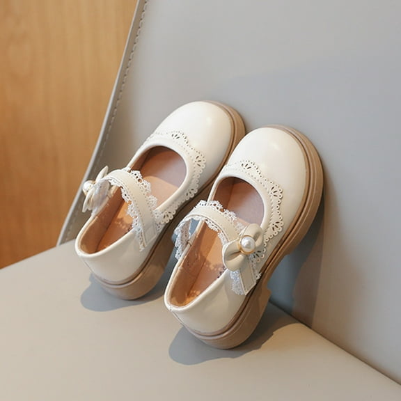 Miluxas Girl's Classic Mary Jane Uniform Shoes Flat Dress Shoes Pearl Strap Princess Dress Shoe Beige 9.5(26)