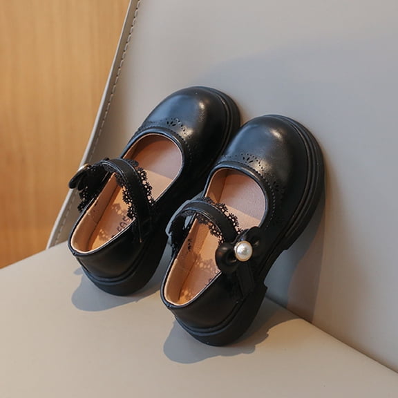Miluxas Girl's Classic Mary Jane Uniform Shoes Flat Dress Shoes Pearl Strap Princess Dress Shoe Black 9.5(26)
