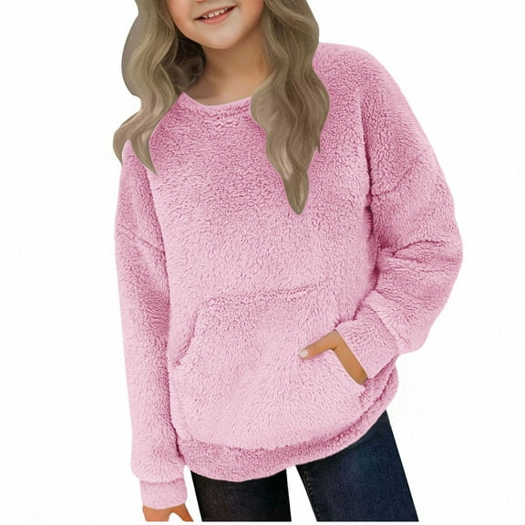 Miluxas Girl's Fall/Winter Casual Solid Color Long Sleeve Fleece Hooded Jacket Solid Color Sweatshirt Pink 9 Years