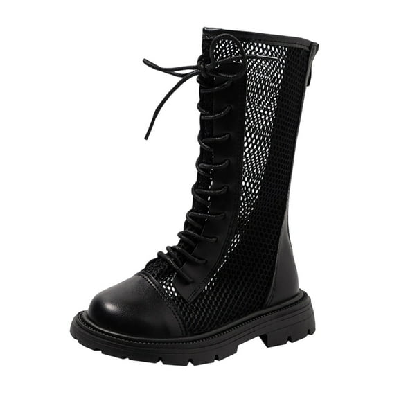 Miluxas Girl's Fashion Lace-up Side Zipper Mid Calf Combat Riding Boots Breathable Mesh Fabric High Boots Lightweight Sandals Black 11.5(29)
