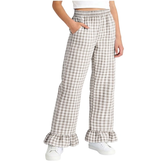 Miluxas Girl's Gingham Checkered Pants Elastic High Waisted Ruffle Hem Trousers Gray 11-12 Years