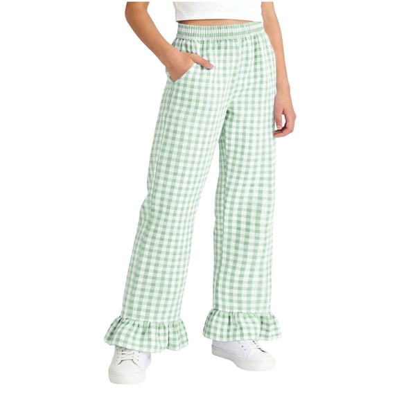 Miluxas Girl's Gingham Checkered Pants Elastic High Waisted Ruffle Hem Trousers Green 12-13 Years