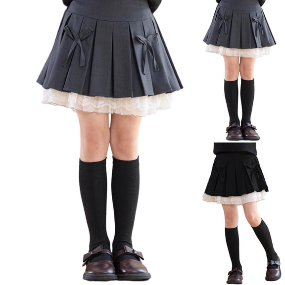 Miluxas Girl's High Waisted Pleated Skirt Skater A Line Mini Uniform Skirt with Lace Trim Gray 13-14 Years