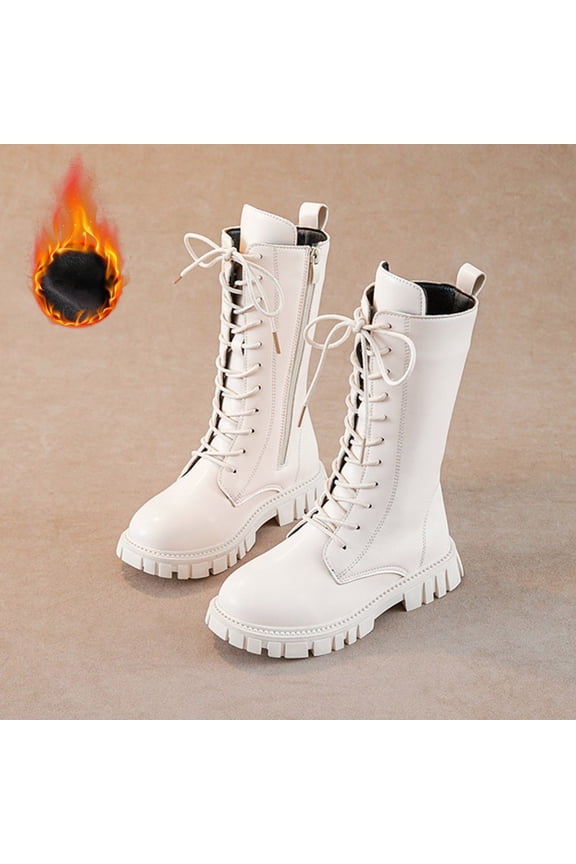 Girl's Knee High Boots Lace Up Side Zipper Combat Boots Faux Leather Non Slip Riding Boots Chunky Heels Shoes White 1(34)