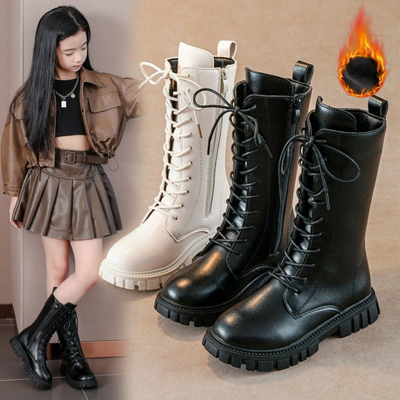 Miluxas Girl's Knee High Boots Lace Up Side Zipper Combat Boots Faux Leather Non Slip Riding Boots Chunky Heels Shoes White 2.5(37)