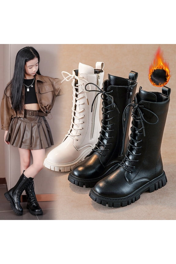 Girl's Knee High Boots Lace Up Side Zipper Combat Boots Faux Leather Non Slip Riding Boots Chunky Heels Shoes White 2.5(37)