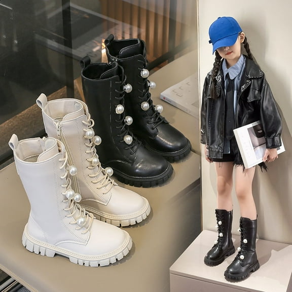 Miluxas Girl's Knee High Boots Pure Color Lace up Side Zipper Combat Boots Faux Leather Non Slip Mid Calf Boots Black 2.5(37)