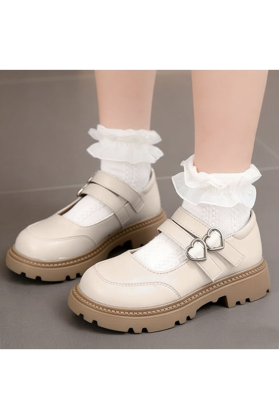 Girl's Mary Jane Pumps Chunky Platform Heel, Pull On Low Heel Casual Shoes with Non-Slip Sole, Retro Flats Beige 5-5.5Years