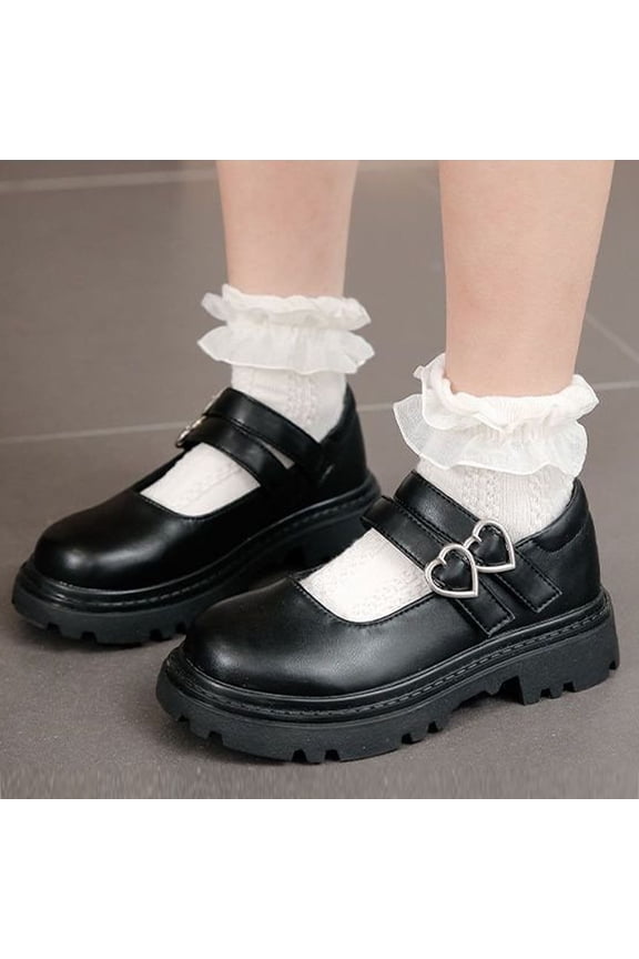 Girl's Mary Jane Pumps Chunky Platform Heel, Pull On Low Heel Casual Shoes with Non-Slip Sole, Retro Flats Black 5-5.5Years