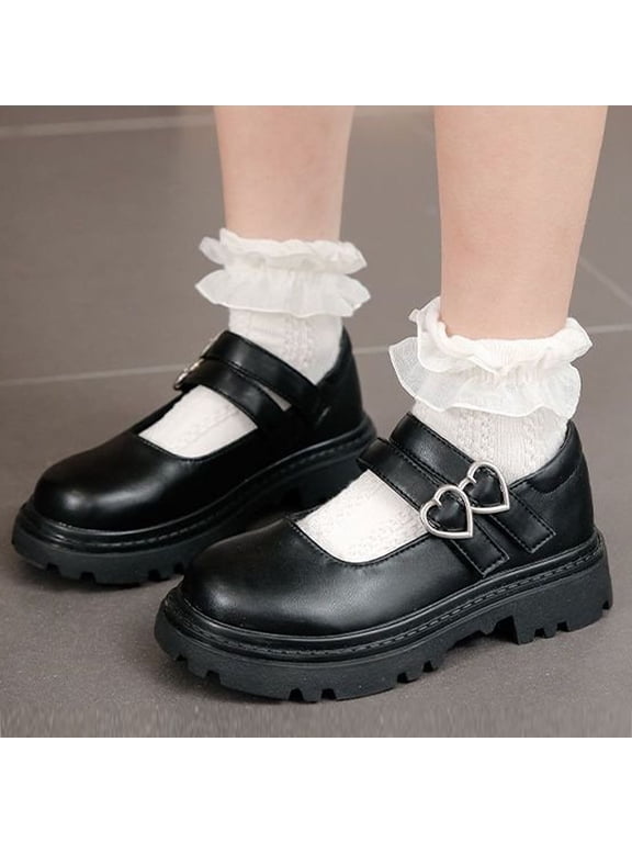 Girl's Mary Jane Pumps Chunky Platform Heel, Pull On Low Heel Casual Shoes with Non-Slip Sole, Retro Flats Black 6.5-7Years