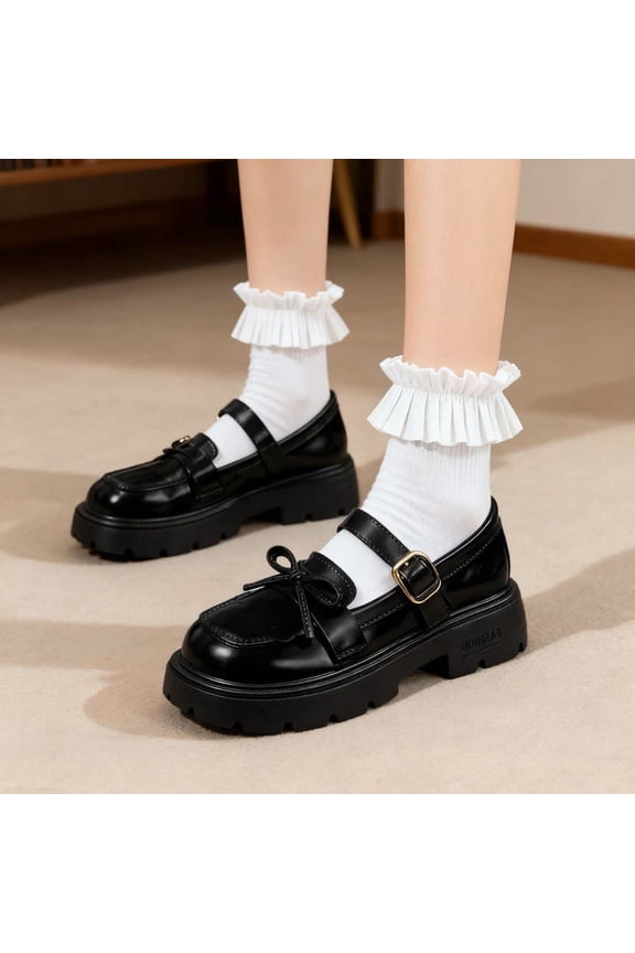 Girl's Platform Leather Chunky Heel Mary Jane Pumps Shoes,Comfort Buckles Lug Sole Slip On Loafers, Breathable Casual Business Dress Shoes Black 5-5.5Years