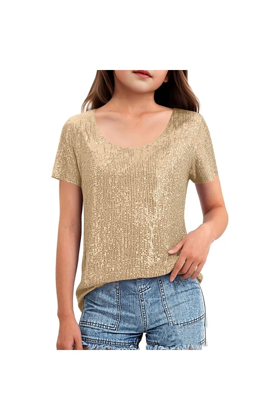 Girl's Sequin Tops Round Neck Shirts Sparkle Glitter Shimmer Tee Short Sleeve Tops Evening Party Blouse