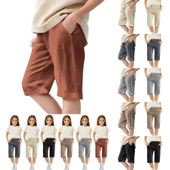 Miluxas Girl's Summer Capris Casual Tapered High Waist Drawstring Knee Length Loose Trouser with Pockets Khaki 13 Years