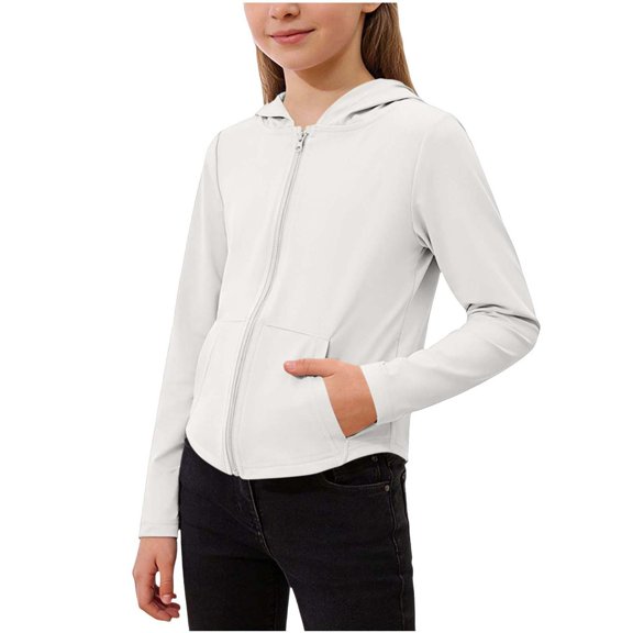 Miluxas Girl's Sun Protection Jacket Cooling Hooded Shirt Long Sleeve Clothing for Hiking Golf Outdoor White 11-12 Years