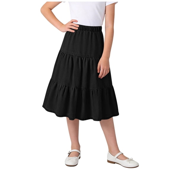 Miluxas Girl's Tiered Midi Skirt Smocked Waist Ruffle Flowy Summer Long Skirt Black 4-5 Years