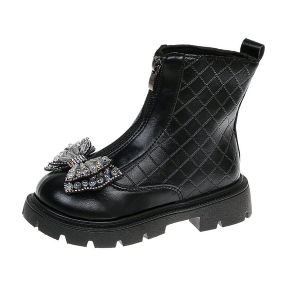 Miluxas Girl's Winter Ankle Boots Shoes Chunky Block Bow Tie Front Zipper Round Toe Warm Dress Booties Black 13(31)