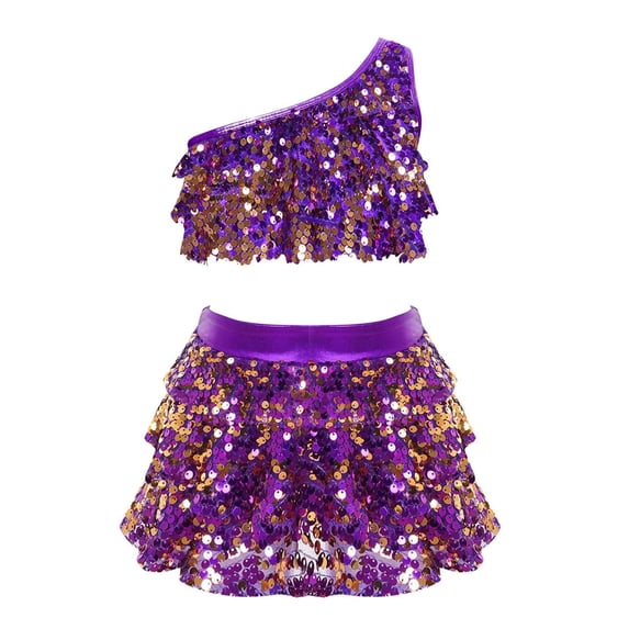 Miluxas Girls 2 Piece Dance Outfit Set Sequin Metallic Crop Top with Skirts Jazz Latin Ballroom Performance Dancewear Purple 100(100)