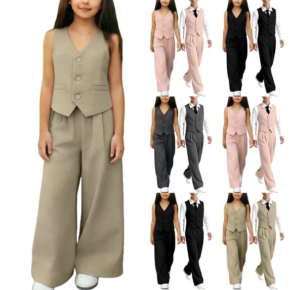 Miluxas Girls 2 Piece Outfits Summer Button V Neck Crop Vest Blazer and Wide Leg Pants Suit Matching Sets Pink 1-2Years