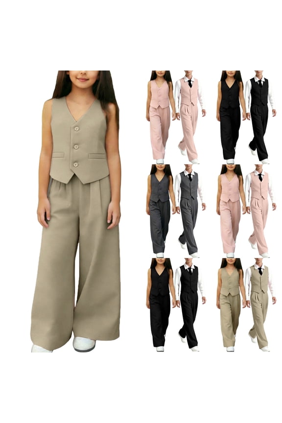 Girls 2 Piece Outfits Summer Button V Neck Crop Vest Blazer and Wide Leg Pants Suit Matching Sets Pink 1-2Years