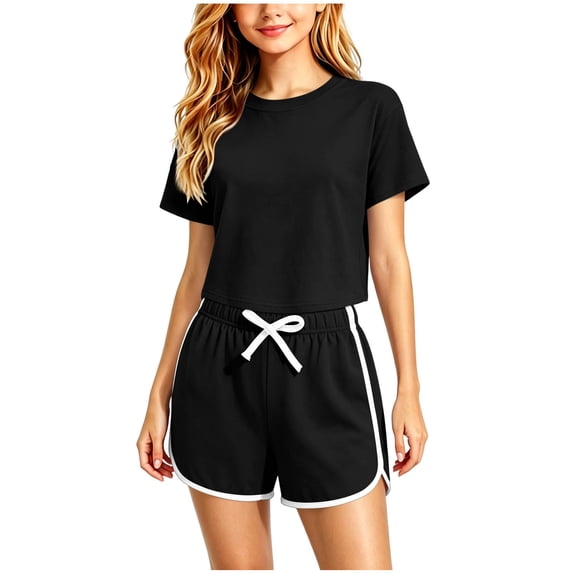 Miluxas Girls 2 Piece Sets Short Sleeve Tshirts and Drawstring Shorts with Pockets Summer Outfits Black 14-15Years