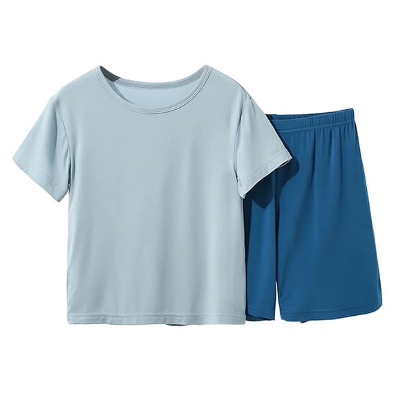 Miluxas Girls' 2-Piece Short Sleeve Outfit Set - Soft T-Shirt and Elastic Waist Shorts, Comfortable Loungewear for Sleep, Play, and Everyday Wear Blue 7-8Years