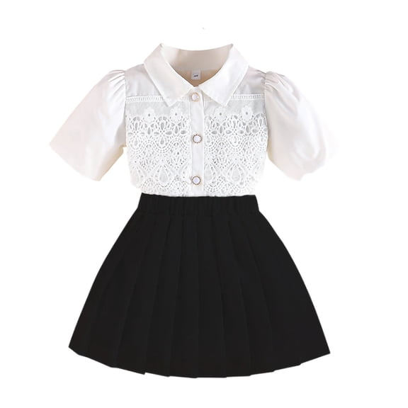 Miluxas Girls 2 Piece Skirt Set White Blouse Ruffle Short Sleeve Button Down Shirt with Skirt Set Uniform Outfit