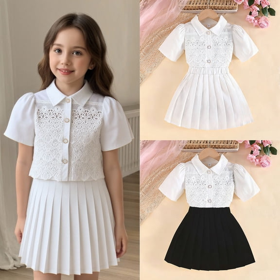 Miluxas Girls 2 Piece Skirt Set White Blouse Ruffle Short Sleeve Button Down Shirt with Skirt Set Uniform Outfit