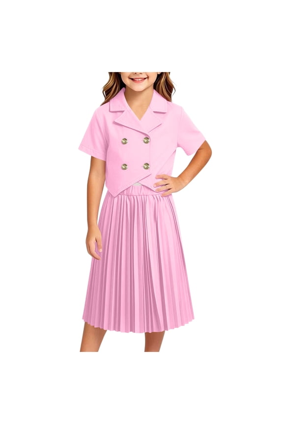 Girls 2-Piece Suit Dress, Short Sleeve Blazer Top & Pleated Skirt Set, Elegant formal Outfit Pink 6 Years