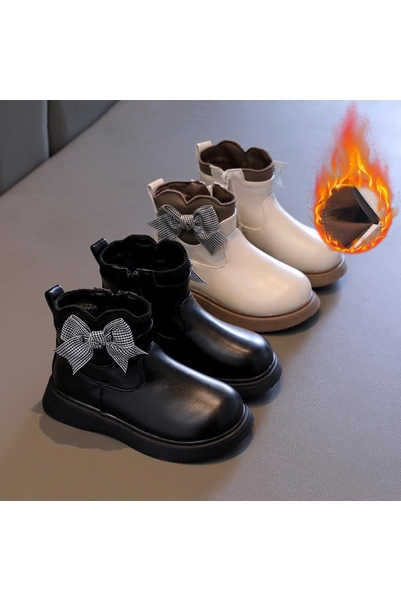 Girls Ankle Boots Fleece Lined Plaid Bowknot Side Zipper Casual Leather Booties Little Kid/Big Kids White 2 M(36)