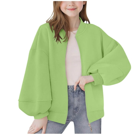 Miluxas Girls Bomber Jacket Cropped Zipper Long Sleeve Casual Sports Coat Outerwear Green 140(140)