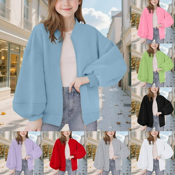 Miluxas Girls Bomber Jacket Cropped Zipper Long Sleeve Casual Sports Coat Outerwear White 170(170)