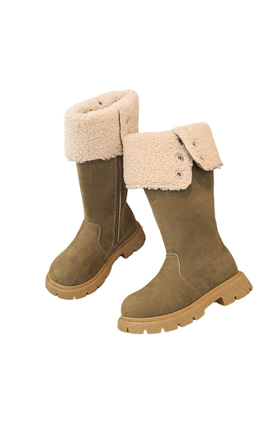 Girls Boots - Classic Winter Retro Side Zipper Snow Boots - Mid Calf Fleece Lined Riding Shoes for Toddlers Little and Big Girls Khaki 13 M(32)