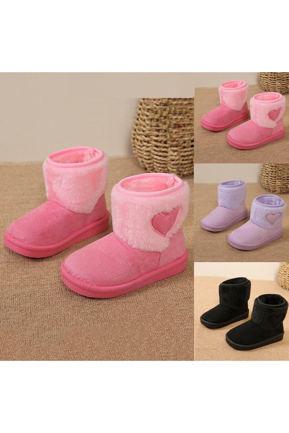 Girls Boots Kids Winter Faux Fleece Warm Snow Ankle Boots Fuzzy Love Heart Thick Bottom Anti Slip Boots for Toddler/Little Kid Purple 2(33)