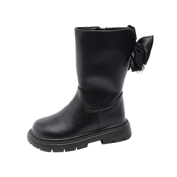 Miluxas Girls Boots Solid Color Bow Side Zipper Combat Leather Shoes for Toddler/Little Kid/Big Kid Black 10 M(27)