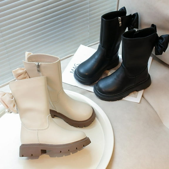 Miluxas Girl's Knee High Winter Boots Bowknot Warm Snow Boots Low Heels Lug Sole Riding Boot with Side Zipper White 2.5(37)