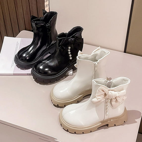 Miluxas Girls Boots Solid Color Pearl Bow Side Zipper Combat Leather Shoes for Toddler/Little Kid/Big Kid White 2 M(36)