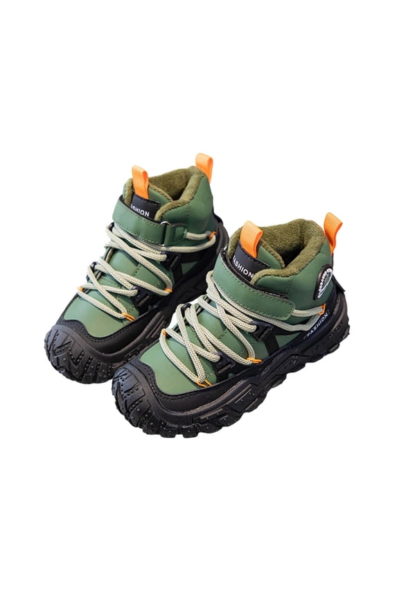 Girls Boys Hiking Boots Slip on Fleece Lined Warm Shoes Kids Winter Mid Top Sneakers Trendy Casual Shoes Army Green 13.5(32)